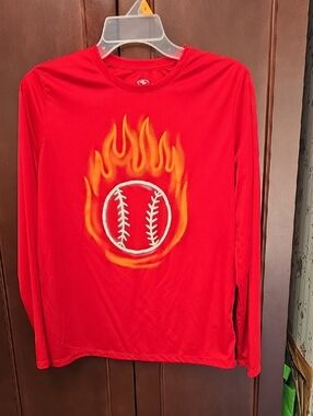 Worn Once. Boy'sRed Long-Sleeve Graphic Baseball Rashguard. Size 14/16